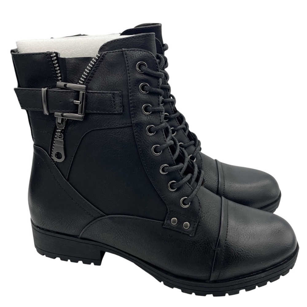 Id Required lace-up black stylish combat moto boots buckle detail women’s Size 7
